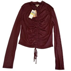 Self E by Self Esteem Womens Mesh Ruched Front Mock Neck Top Burgundy Medium NWT